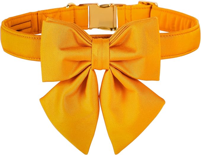 Maca Bates Mango Yellow Dog Collar with Cute Solid Sailor Bow Tie for Medium Girl Boy Dogs,Adjustbale Durable Breakaway Soft Collars with Bowtie for Female Male Puppy,Pet with Metal Buckle