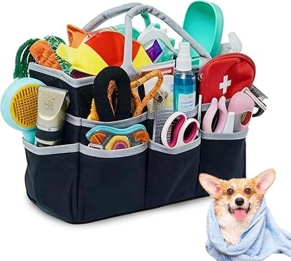 Dog Grooming Organizer Bag with 10 Pockets, 600D Oxford Portable Tote for Pet Supplies Storage, Travel Grooming Kit for Dog Cat Accessories, Shampoo, Brush, Clipper, Lightweight & Durable