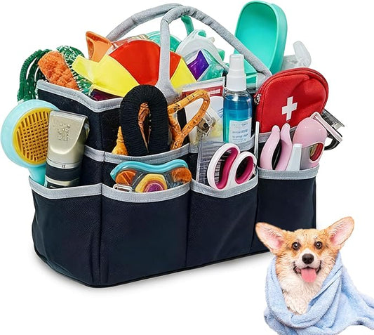 Dog Grooming Organizer Bag with 10 Pockets, 600D Oxford Portable Tote for Pet Supplies Storage, Travel Grooming Kit for Dog Cat Accessories, Shampoo, Brush, Clipper, Lightweight & Durable