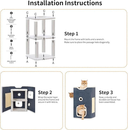Cat House, Cat Beds for Indoor Cats, 2-Story Cat Condo Cube with Scratch Pad and Fluffy Ball Hanging, Multi-Level Cozy Hideout Center Ideal for Small/Medium Cats