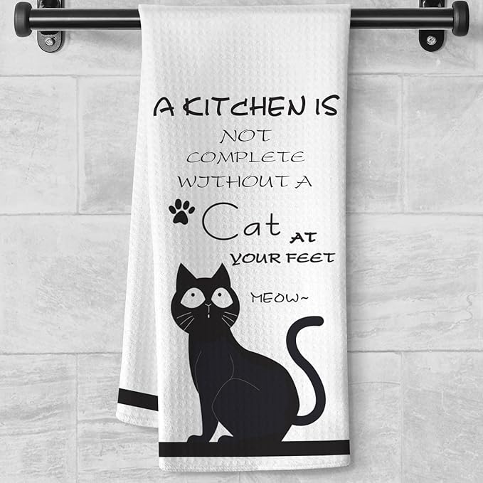 Cat Kitchen Towels - Quick-Dry 'Essential Kitchen Companion' Hand Cloth, Decorative Hand Towel Featuring Upward-Looking Black Feline Art for Pet Moms & Devotees | Home Accent & Crazy Cat Lady Gifts
