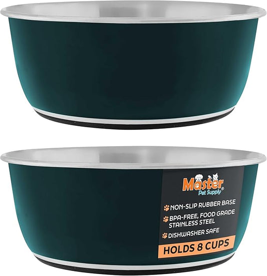Master Pet Supply Stainless Steel Dog Bowls Set of 2 (64 Oz Each) with Non-Slip Rubber Base - Emerald Sea - Basic Dog Food Bowl Water & Food Bowls for Small Medium Large Dogs & Cats, Metal Dish