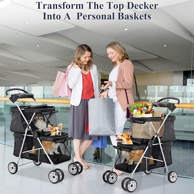 TTY Store Best 4 Wheels Pet Stroller Double Decker Seats Foldable Jogge for Small Medium Dogs & Cats or Other Kitten Puppy Travel Cage w/Cup Holders Removable Liner, Black, 30 x 20 x 40 Inch