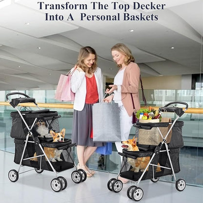 TTY Store Best 4 Wheels Pet Stroller Double Decker Seats Foldable Jogge for Small Medium Dogs & Cats or Other Kitten Puppy Travel Cage w/Cup Holders Removable Liner, Black, 30 x 20 x 40 Inch
