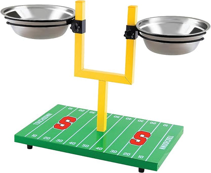 NCAA Syracuse Orange Goalpost Football Field Dog Feeder – Adjustable Elevated Dog Bowls with Stand, 2 Stainless Steel Bowls, Non-Slip Rubber Feet, Raised Pet Feeder for Large & Small Dogs