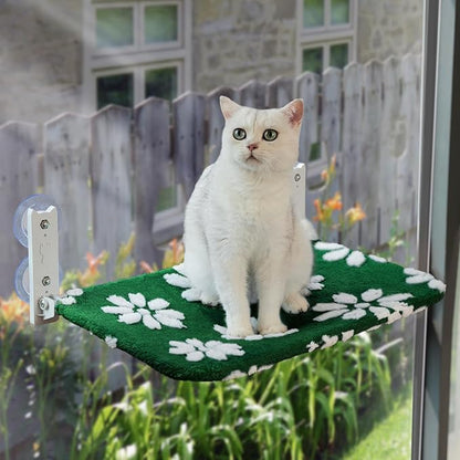 Cat Window Perch, Foldable Cat Window Hammock with Cute 3D Textured Flower Cover and Strong Suction Cups, Cordless Window Seat Bed for Indoor Cats (Green Flower, Large)