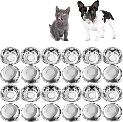 24 PCS Thickened Stainless Steel Cat Bowls, 5.5 Inch Shallow Wide Flat Metal Kitten Food Bowls, Whisker Friendly Fatigue Relief Replacement Basic Pet Dishes for Indoor Cats