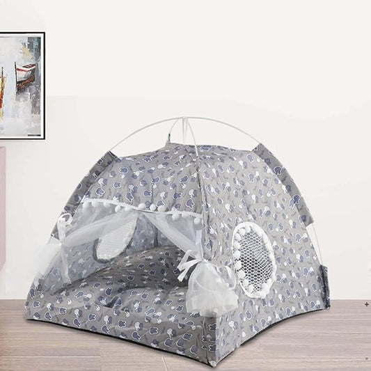 Indoor Pet Tent with Mesh Door Window, Cat & Dog Tent House, Washable Soft Warm & Non-Slip, All Seasons (Gray)