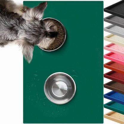 VIVAGLORY Dog Bowl Mat Grippymat Pet Food Mat, Waterproof Washable Nonslip Silicone for Pet & Cat, Food and Water Placemat with Lip & Raised Edges for Indoor Floor, L, Deep Green