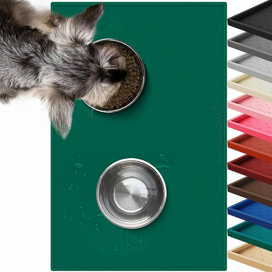 VIVAGLORY Dog Bowl Mat Grippymat Pet Food Mat, Waterproof Washable Nonslip Silicone for Pet & Cat, Food and Water Placemat with Lip & Raised Edges for Indoor Floor, L, Deep Green