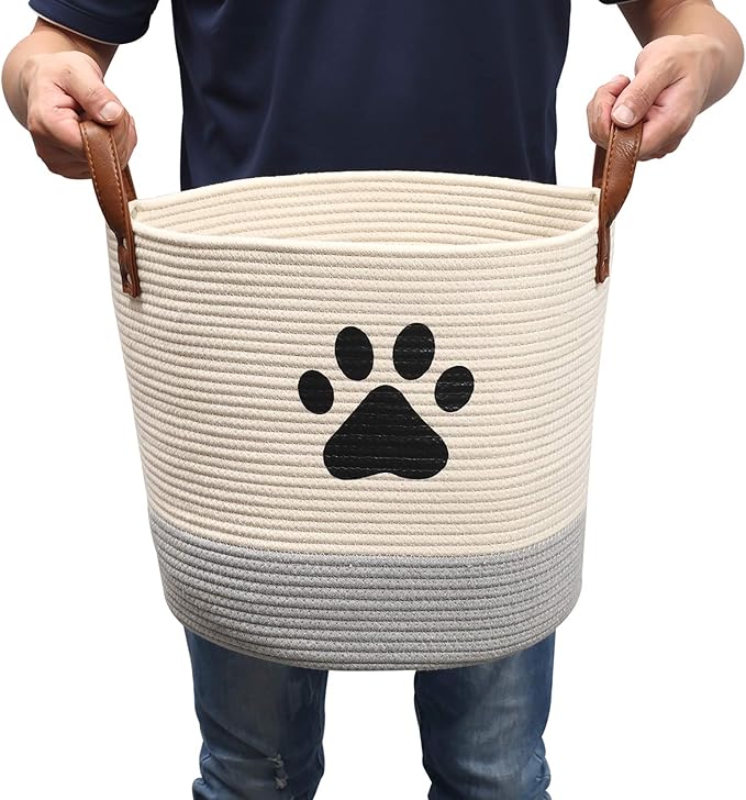 Cotton dog toy basket storage, puppy toy basket, puppy bins, laundry basket blanket storage bin - Perfect for organizing pet toys, blankets, leashes, pee mats and diapers -beige gray