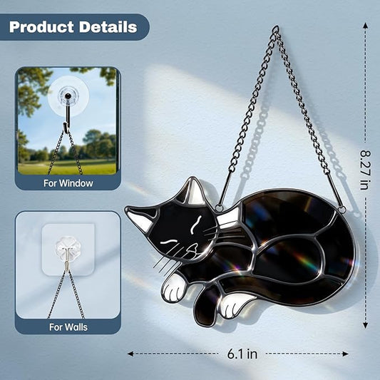 Black Cat Memorial Suncatcher,Handmade Stained Glass Window Haninging Ornament for Home Decor,Memorial Gifts for Pet Lovers,Pet Loss Sympathy Gift