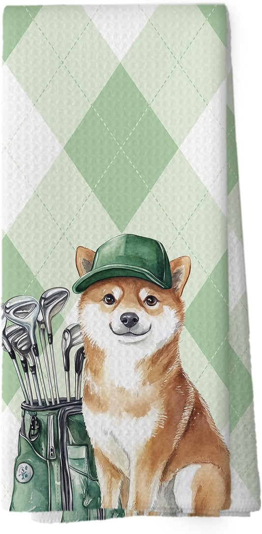 Golf Dog Kitchen Towels - Shiba Inu Dish Towels, Sports Gifts, Pet Golf Club Decorative Absorbent Dishcloths Hand Towels for Kitchen Gym Spa Decor 16x24 Inches