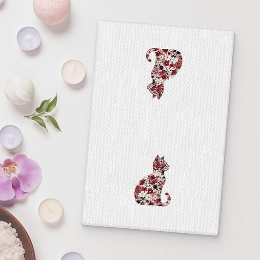 Rose Floral Cat Kitchen Towel, Floral Cat Hand Towel for Bathroom Decor, Kitten Dish Tea Towel for Kitchen Decor, Pet Gifts for Kitten Lovers Women Girls, 16x24 Inch