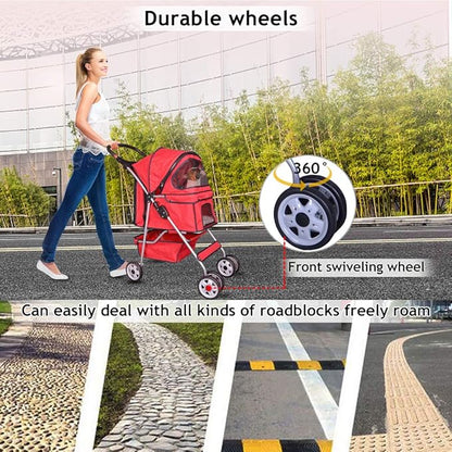 4 Wheels Pet Stroller Cat Dog Cage Stroller Travel Folding Carrier with Cup Holders and Removable Liner for Small-Medium Dog, Cat (Red)