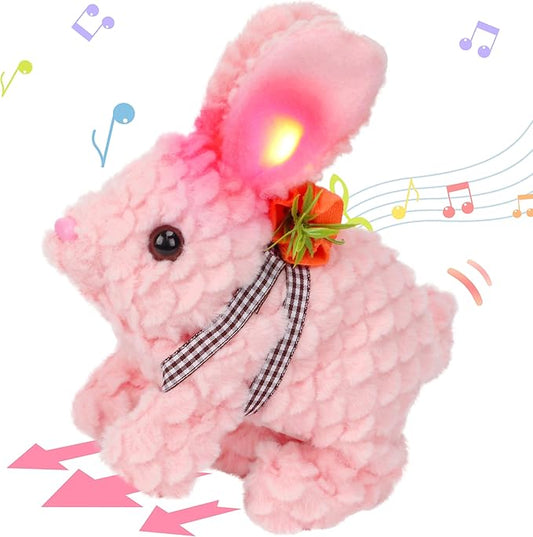 Hopearl Hopping Rabbit with LED Ears Carrot Backpack Interactive Plush Bunny Toy with Sounds Animated Walking Wiggle Light up Ears Twitch Nose Gift for Toddlers, Pink, 7''
