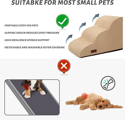 3-Step Dog Ramp and Stairs for Sofa and Chair - Non-Slip Sturdy Pet Steps for Small Dogs and Cats,15.7" H,Khaki