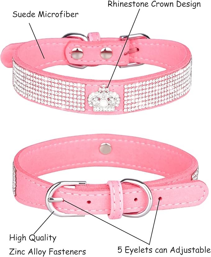 Bling Dog Collar for Small Medium Large Dogs, Crown Rhinestone Dog Collars for Girl and boy Dog, Diamond Puppy Collars, Adjustable Leather Suede SOFE Cat Collar (M(13"-15.4"/33CM-39CM), Pink)