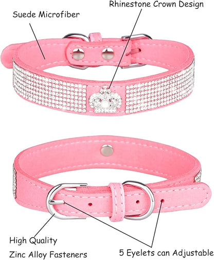 Bling Dog Collar for Small Medium Large Dogs, Crown Rhinestone Dog Collars for Girl and boy Dog, Diamond Puppy Collars, Adjustable Leather Suede SOFE Cat Collar (M(13"-15.4"/33CM-39CM), Pink)