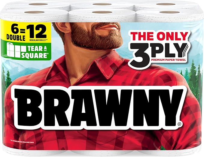 Brawny Tear-A-Square 3-Ply Paper Towels, 6 Double Rolls = 12 Regular Rolls (3 Packs of 2)