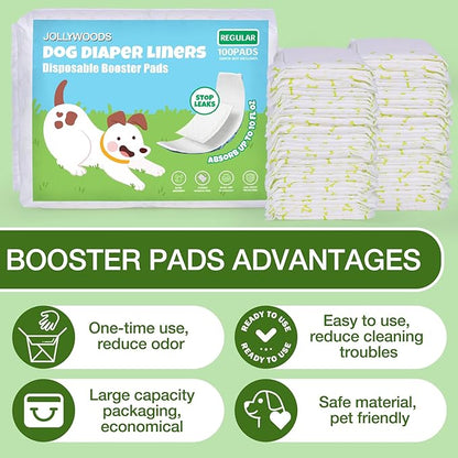 Dog Diaper Liners Booster Pads for Male & Female Dogs, Disposable Doggie Diaper Inserts Fit Dog Belly Bands and Male Wraps, Super Absorbent and Leakproof Long-100Count