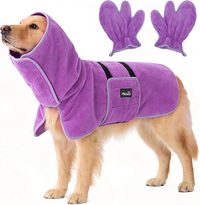 Mihachi Dog Bathrobe Towel Wrap Fast Drying with Drying Gloves Set, Super Absorbent Coral Fleece Dog Drying Coat Bath Robe for Puppy, Medium & Large Dogs, Adjustable Collar & Belly Strap, Purple 2XL