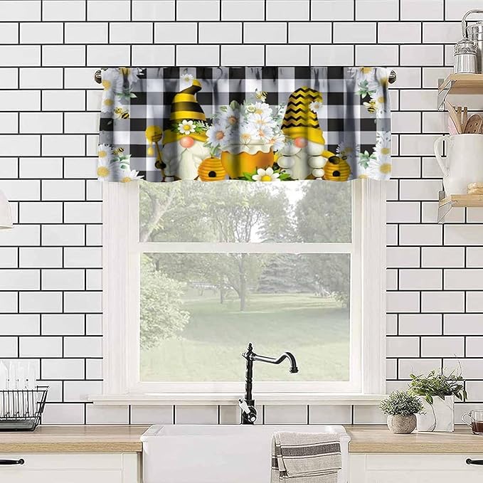 Bee Valances Curtain for Kitchen, Black White Buffalo Daisy Gnomes Window Treatment Valances Short Curtains Rod Pocket Drape for Dining Room Home Farmhouse Decor, 54x18inch