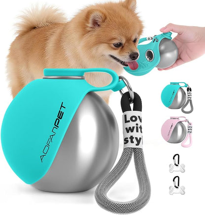 Portable Dog Water Bottle 10oz Stainless Steel Travel Dog Water Dispenser with Bowl No-Spill Puppy Water Bottle for Walking Hiking Small Dog Water Bottle, Includes Waste Bag Holder