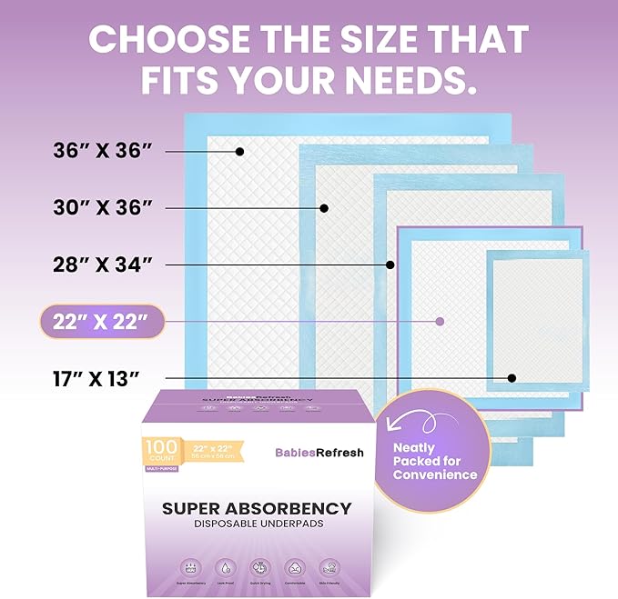 100 Count Super Absorbency Medium 22” x 22" Disposable Underpads, Leakproof Quick Drying for Multi-use for Babies, Puppy Pads and Adults, Potty Training Pads, Pet Pee Pads, Cat Pee Pads, Blue