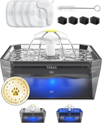 Veken Small Pet-Friendly Cat Water Fountain with Stainless Steel Lid & Quiet Pump, Easy to Clean & Assemble, 50oz Mini Pet Water Dispenser with 4 Replacement Filters & 4 Pre-Filter Sponges, Silver