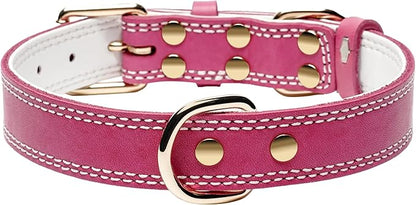 Genuine Leather Dog Collar, Heavy Duty Wide Dog Collar for Small, Medium, Large and Extra Large Dog (XL: 1.4" Wide for 18.6"-25.8" Neck, Dual Stitch - Pink)