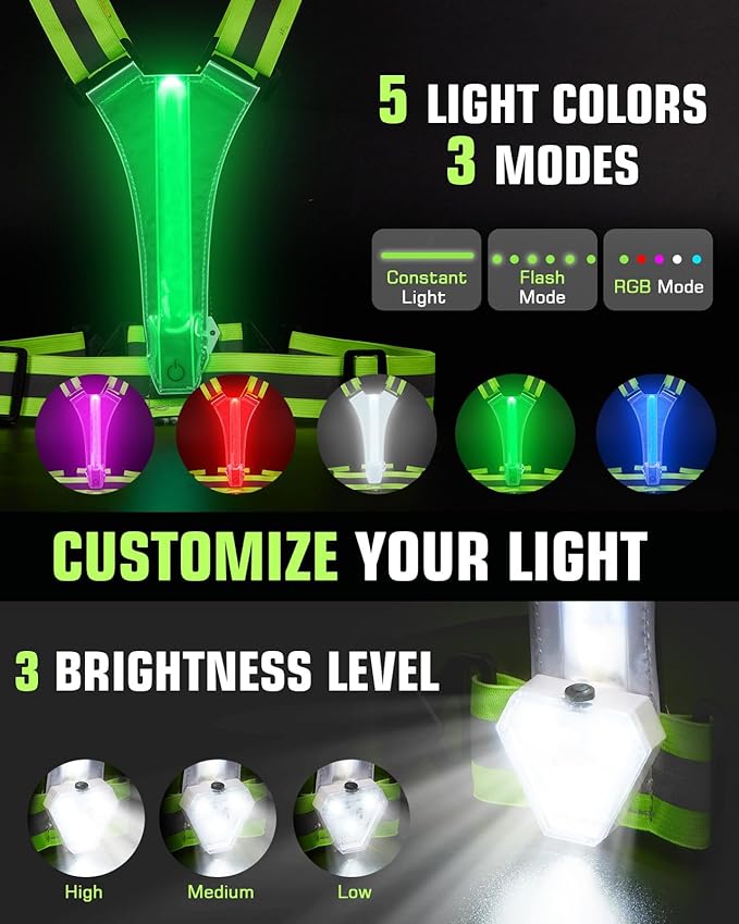 Zacro LED Reflective Vest with Chest Light 500LM, 5 RGB Colors High Visibility Rechargeable Light Up Running Vest IPX4 Night Safety Running Gear for Dog Walking, Cycling, Adjustable for Men Women