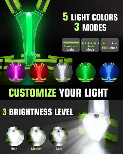 Zacro LED Reflective Vest with Chest Light 500LM, 5 RGB Colors High Visibility Rechargeable Light Up Running Vest IPX4 Night Safety Running Gear for Dog Walking, Cycling, Adjustable for Men Women