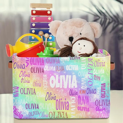 Personalized Kids Toy Box with Name, Custom Nursery Baskets Cubes Box, Kids Custom Storage Basket Laundry Baskets Organizer with Handles, Colorful Rainbow Color
