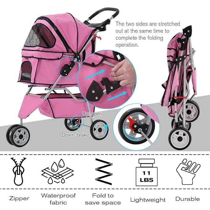 HCY Folding Dog Stroller, 3 Wheels Pet Strollers Pet Gear for Small Medium Cats Dogs Puppy with Storage Basket, Cup Holder,Lightweight-Pink, 35.04inchx 17.32inchx 38.58inch