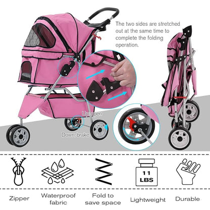 HCY Folding Dog Stroller, 3 Wheels Pet Strollers Pet Gear for Small Medium Cats Dogs Puppy with Storage Basket, Cup Holder,Lightweight-Pink, 35.04inchx 17.32inchx 38.58inch