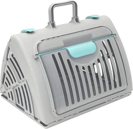 SportPet Large Hard-Sided Travel Cat Carrier - Cat Carrier with Patented Wide Side-Opening Door, Foldable Portable Pet Carrier with Removable Bed for Cats & Small Pets up to 25lbs - Gray