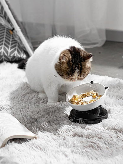 Y YHY Ceramic Cat Slow Feeder, Elevated Dog Food Bowl Tilted Design, Slow Feeder Bowl no Black Chin, Cat Shape for Dry and Wet Food