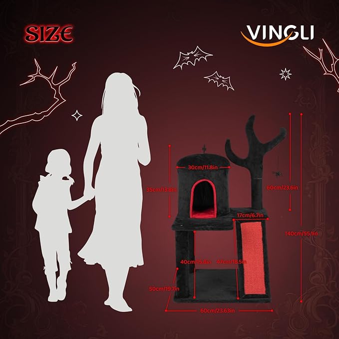 VINGLI 41.8in Gothic Cat Tree, Halloween Cat Tower for Indoor Cats with Dome Cat Condo, Branch Shaped Sisal Scratching Post, Ladder Scratcher & Hanging Spider Toy, Red & Black Cat Furniture