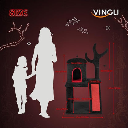 VINGLI 41.8in Gothic Cat Tree, Halloween Cat Tower for Indoor Cats with Dome Cat Condo, Branch Shaped Sisal Scratching Post, Ladder Scratcher & Hanging Spider Toy, Red & Black Cat Furniture