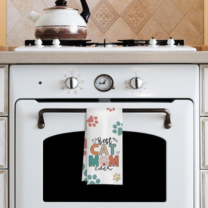 Best Cat Mom Ever Kitchen Towels, Cat Mom Lady Lover Gifts for Women, Cute Kitty Kitten Paw Decorative Dish Tea Hand Towels for Kitchen Bathroom, 16x24 Inches(Style C)