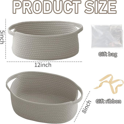 Woven Basket,Small Rope Storage Bin with Handles & Ribbon Bag, Organizer for Shelves Closets,Gift Basket Empty for Birthday,Books,Dog Toys, Grey