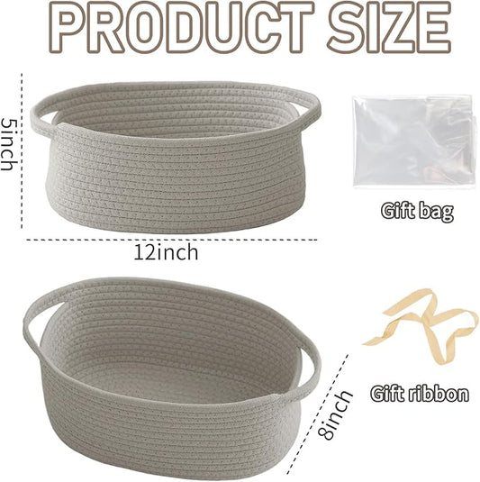 Woven Basket,Small Rope Storage Bin with Handles & Ribbon Bag, Organizer for Shelves Closets,Gift Basket Empty for Birthday,Books,Dog Toys, Grey/2 Pack