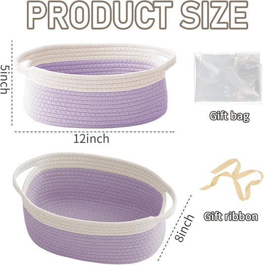 Woven Basket,Small Rope Storage Bin with Handles & Ribbon Bag, Organizer for Shelves Closets,Gift Basket Empty for Birthday,Books,Dog Toys, White&Purple