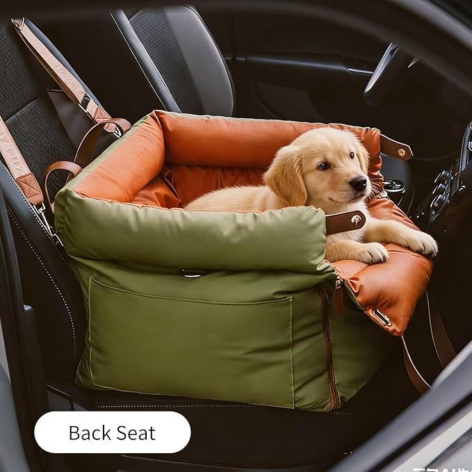 Garvee Dog Booster Car Seat, Waterproof PU Leather Upholstered Cat Bed for Car with Storage Pockets Portable Pet Seat, Bite-Resistant Pet Carrier Bag for Travel and Home, Green