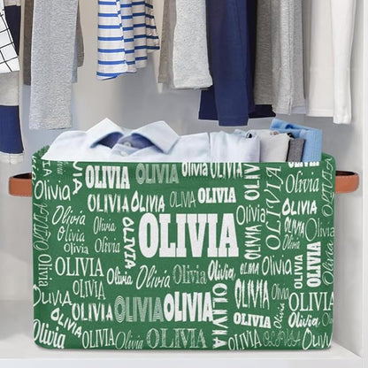 Personalized Name Storage Basket with Handles, Canvas Storage Bins Toys Clothes Organizer for Bedroom, Kitchen, Bathroom, Nursery, Shelves, Closets, Deep Green Color Background