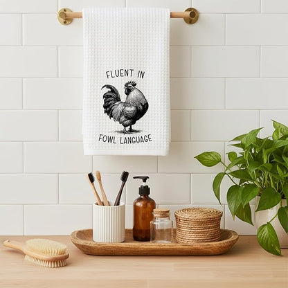 Chicken Dish Towel, Waffle Weave Microfiber Kitchen Cloth, Rustic Rooster Decor Accent, Farmhouse Style Gift for Chicken Lovers, Funny Country Hand Towel for Kitchen Bathroom - A05