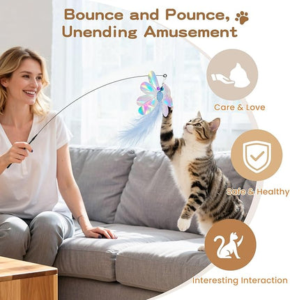 Pawaboo Feather Teaser Cat Toy, Interactive Feather Wands Cats Toy Flying Feathers Cat Catcher with Extra Long 34.5" Wand and Small Bell, Exerciser Playing Toys, 1 Wand + 6 Feathers, Colorful