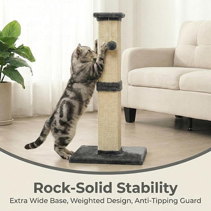 32" Tall Cat Scratching Post, Cat Scratcher with Heavy Duty Thick Wood Base, Cat Tower with Natural Sisal Rope and Hanging Ball, Plant-Like Design Scratching Post, for Small and Adult Kittens, Grey