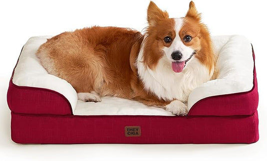 EHEYCIGA Orthopedic Dog Beds for Large Dogs, Waterproof Memory Foam Large Pet Bed with Sides, Non-Slip Bottom and Egg-Crate Foam Dog Couch Bed with Washable Removable Cover,Red